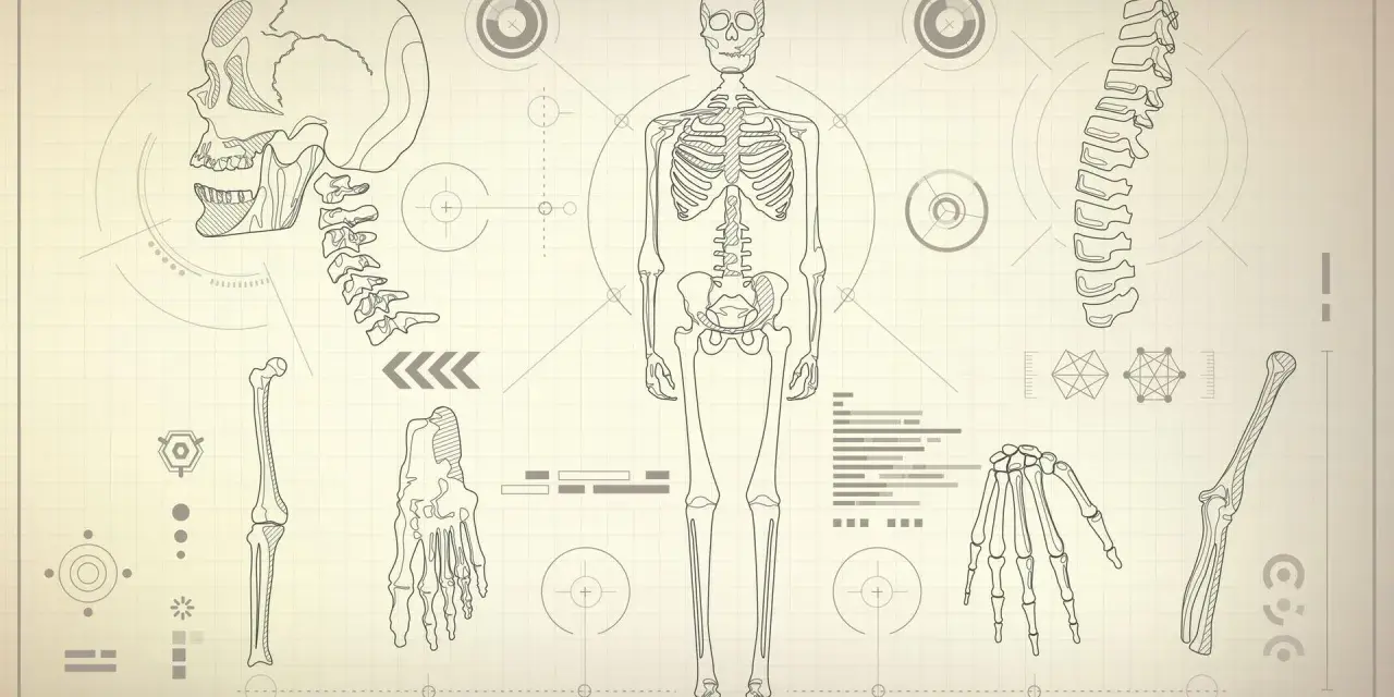 Anatomia człowieka rysunek z opisem: schemat szkieletu, czaszki, kręgosłupa, dłoni i kości kończyn na tle technicznym.