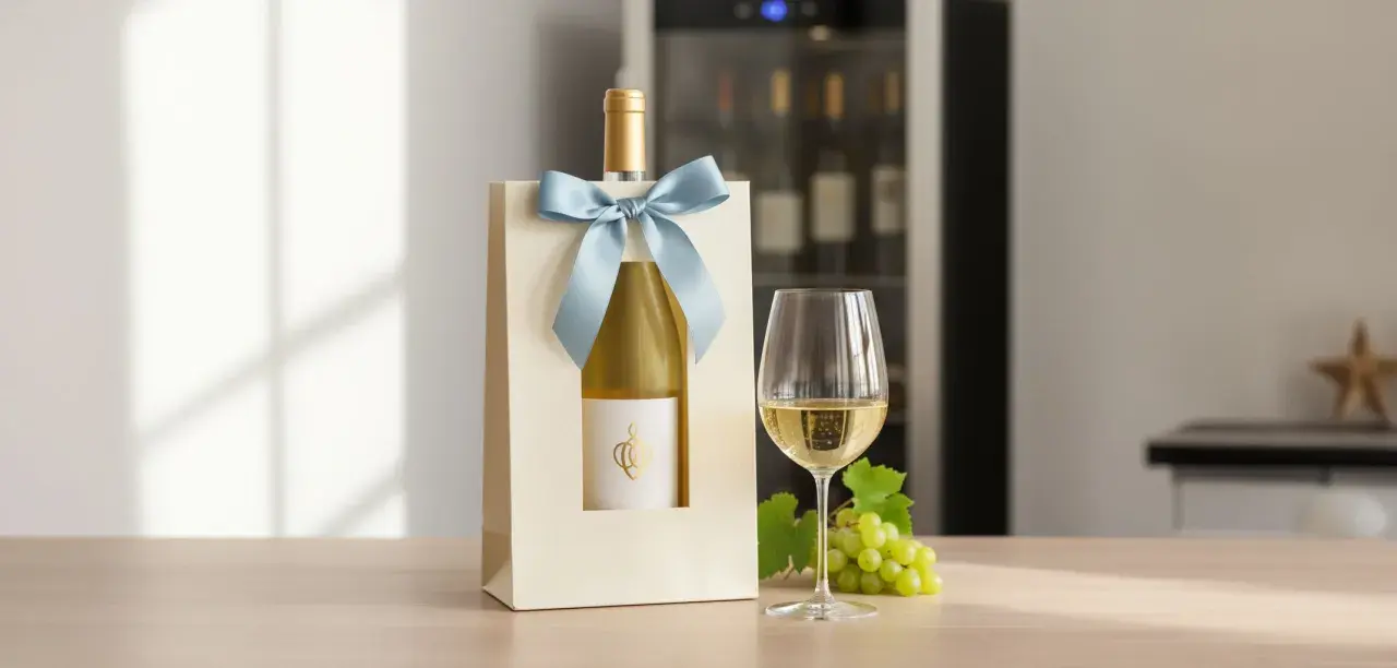 Bouteille de vin blanc sec dans un emballage cadeau, verre de vin et raisins verts. Idéal pour un classement "top 10 vin blanc sec".