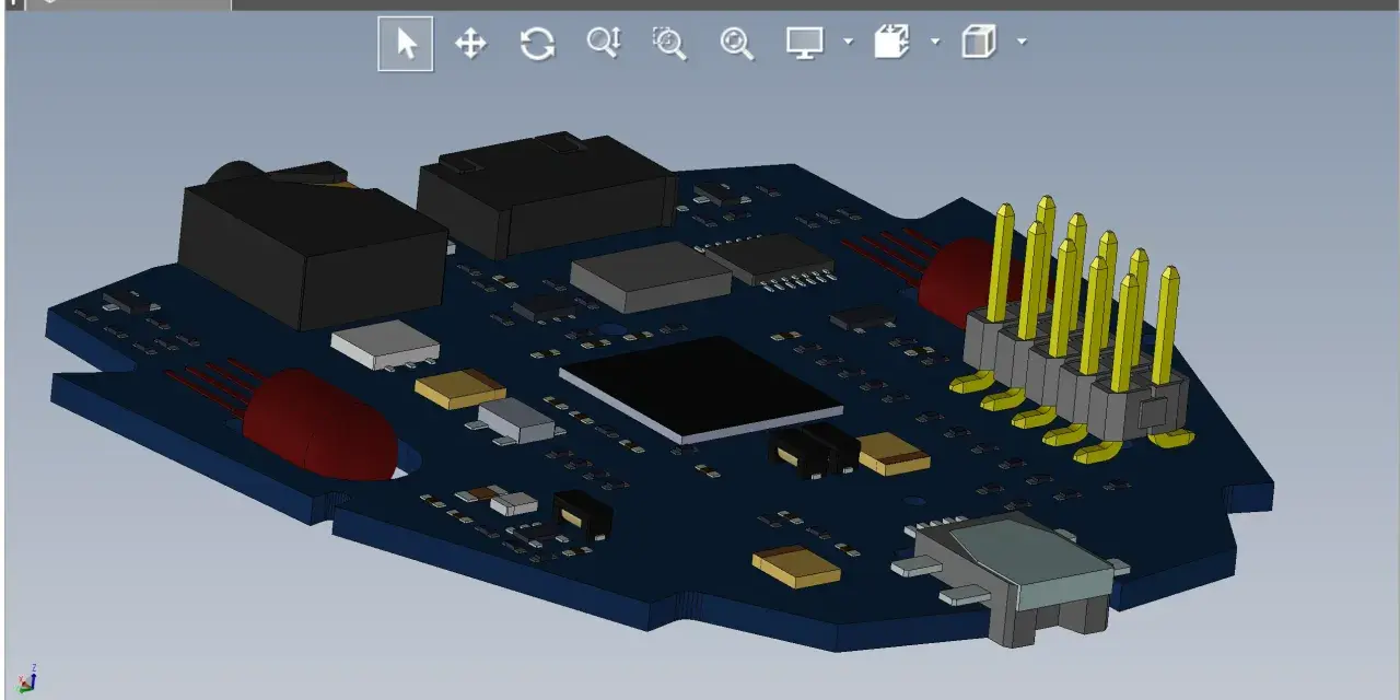 Model 3D płytki drukowanej z elementami elektronicznymi, widoczny w oprogramowaniu do projektowania.