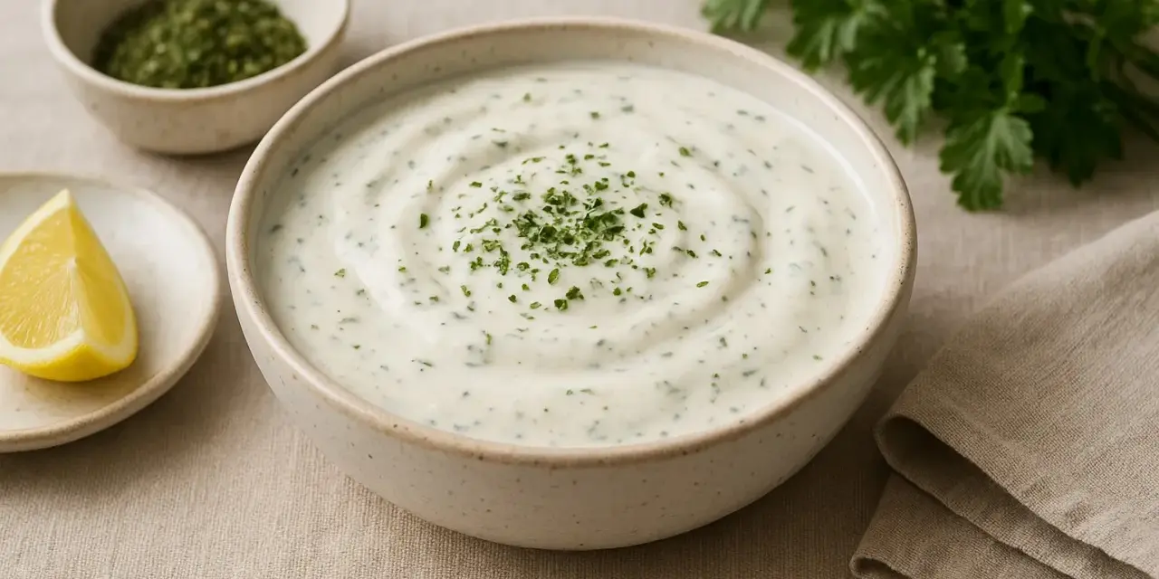 A bowl of creamy ranch dressing with herbs, a lemon wedge, and a small dish of dried herbs.