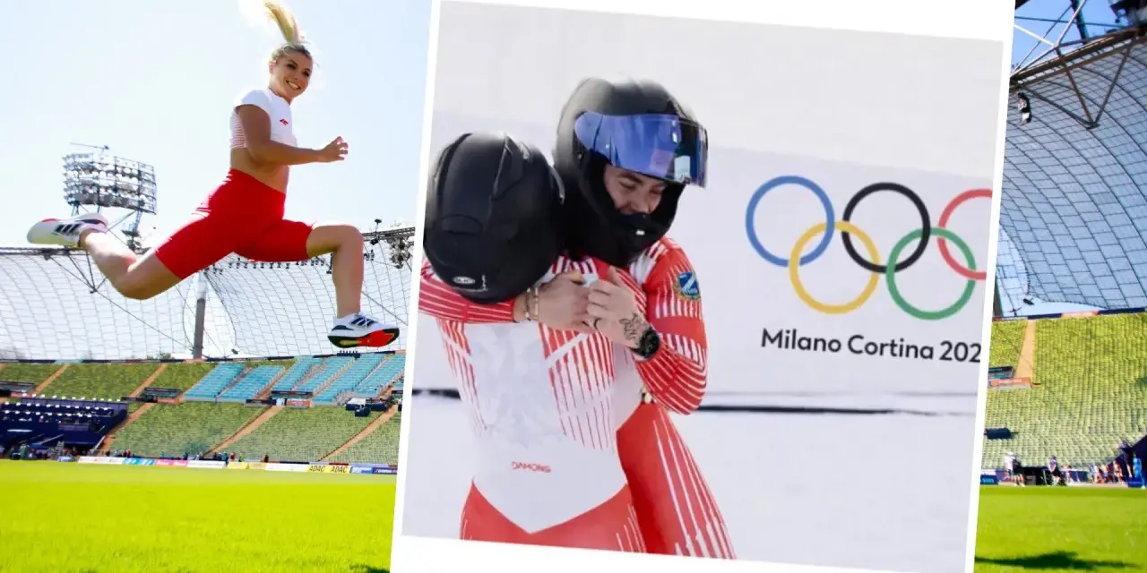 Klaudia Adamek w skoku na stadionie i dwie zawodniczki bobslejowe w uścisku przed logo Milano Cortina 202.