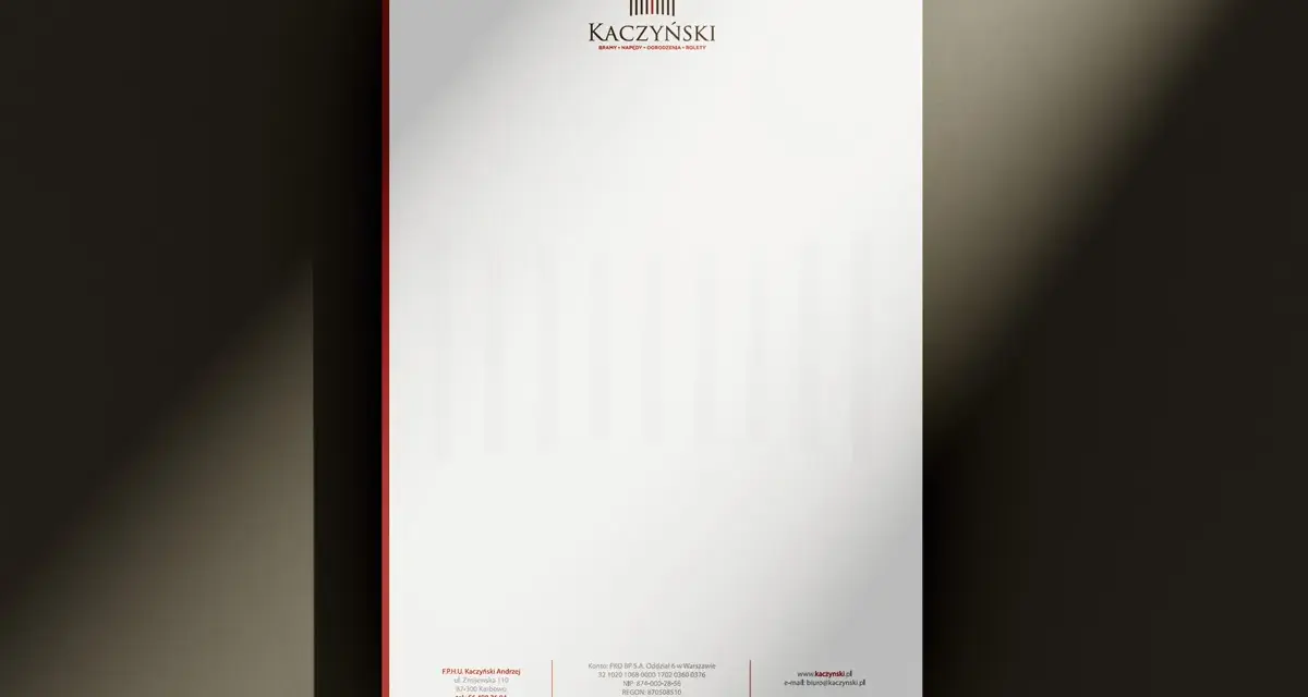 Elegancki papier firmowy z logo KACZYŃSKI. Różne rodzaje papieru mogą być użyte do druku, od gładkich po strukturalne.