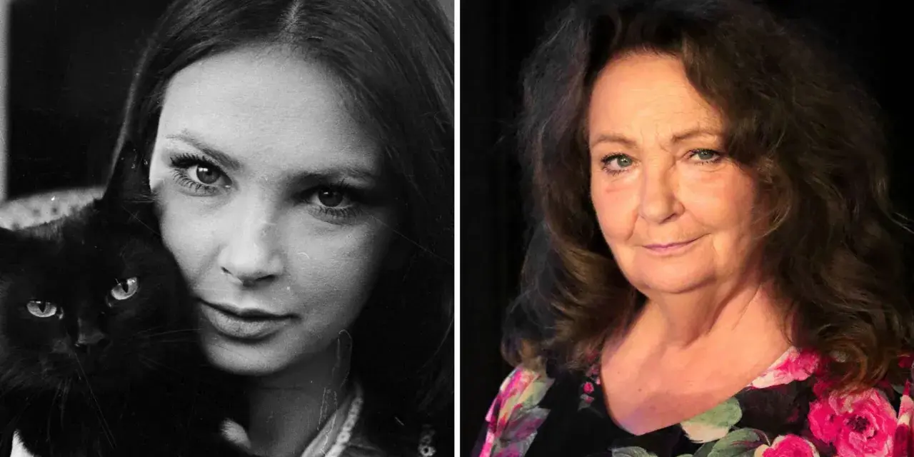 Anna Dymna w wieku 40 lat, z czarnym kotem na lewym zdjęciu, i ta sama aktorka, starsza, w kolorowym kwiecistym ubraniu, po prawej.