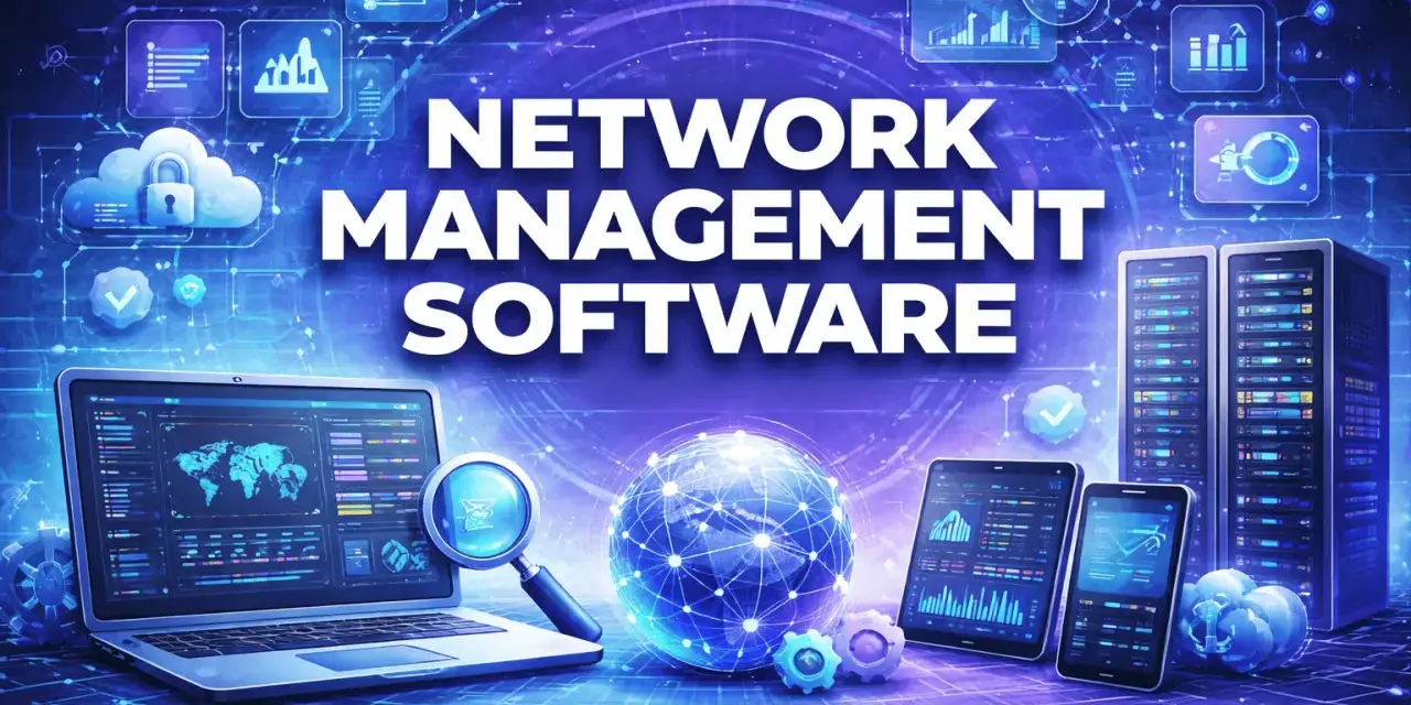 Network management system software visualized with servers, laptops, tablets, and a glowing globe.