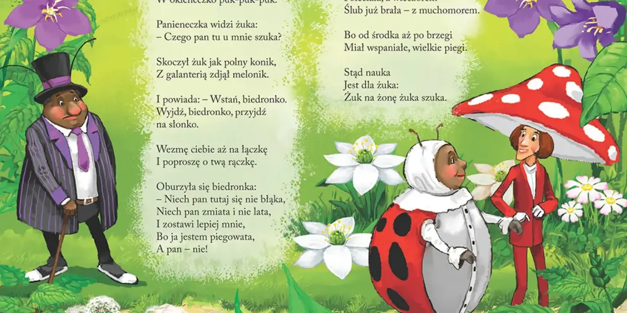 Ilustracja do wierszy o przyrodzie Jana Brzechwy. Żuk w meloniku i biedronka w sukni rozmawiają wśród kwiatów.