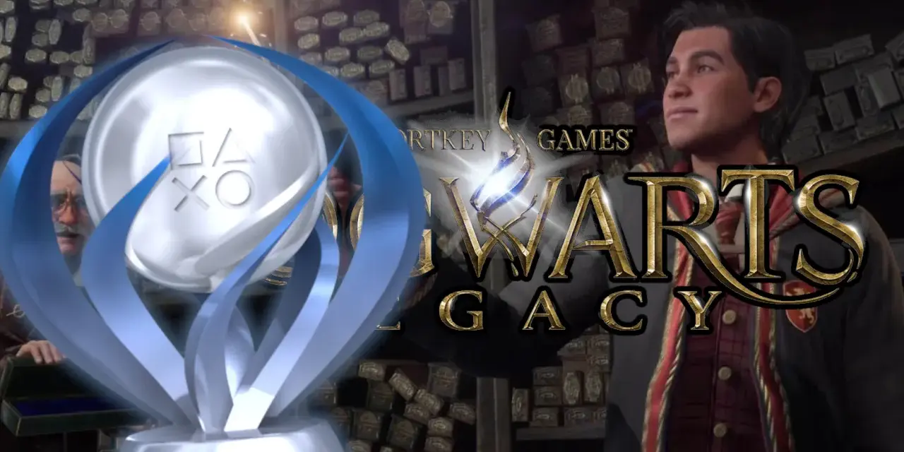 Trofeos de Hogwarts Legacy: un estudiante mira con orgullo mientras un trofeo de PlayStation brilla, rodeado de varitas mágicas.