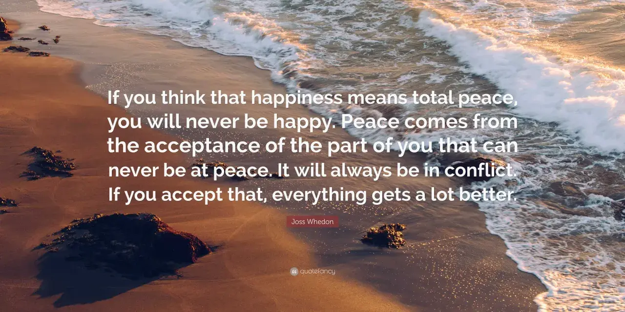 A serene beach scene with waves lapping the shore, featuring a quote about finding peace through acceptance, leading to being content.