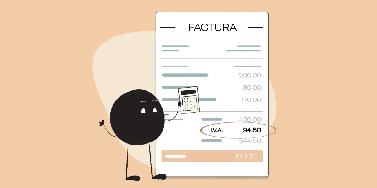 Un personaje animado muestra una calculadora junto a una factura, ilustrando cómo calcular el IVA.