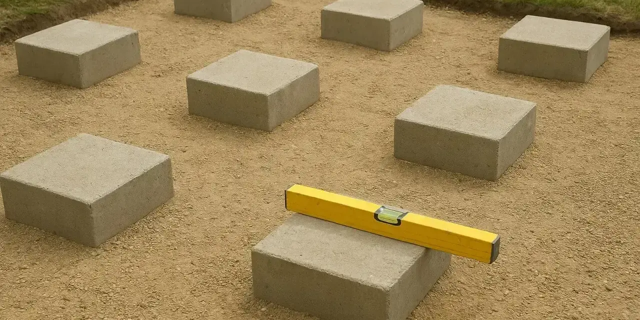 Układanie betonowych bloków pod przyszły taras. Poziomica na jednym z nich zapewnia równość.