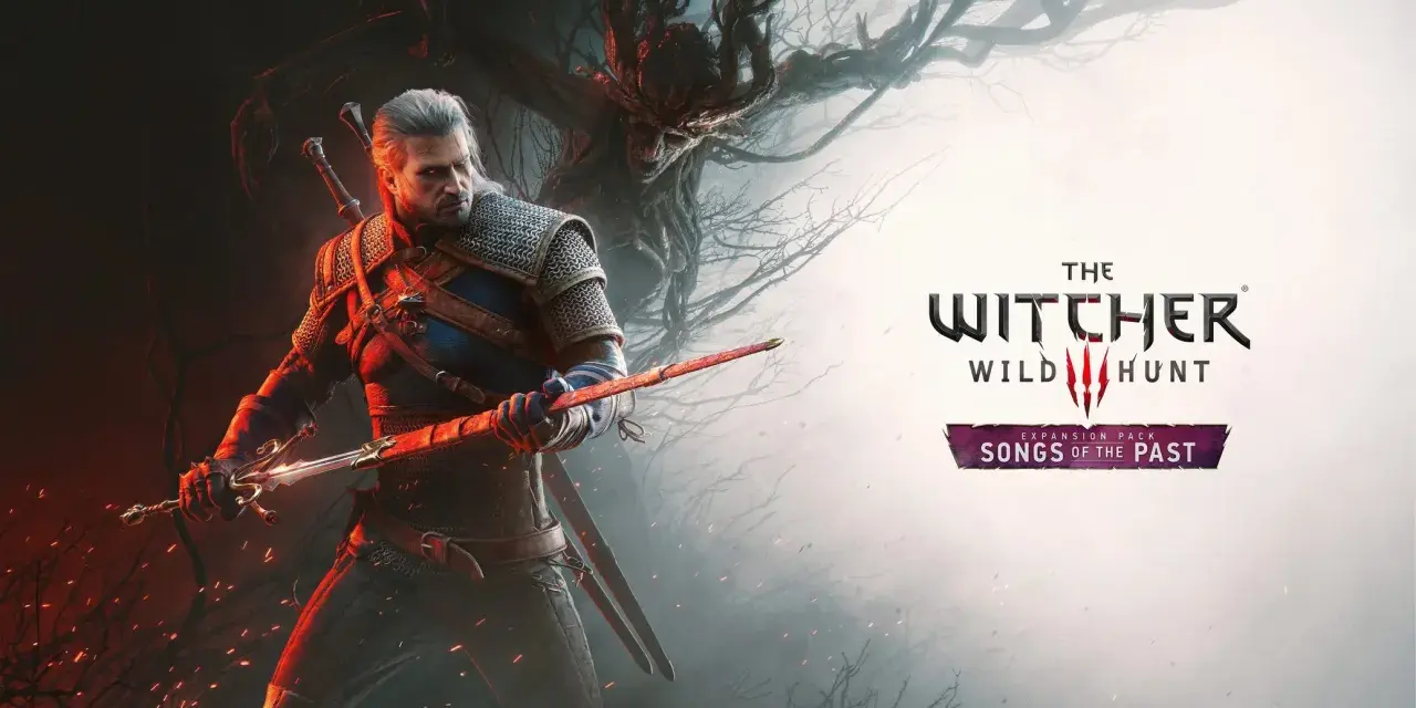 Geralt de Rivia, listo para la batalla en el remake de The Witcher. Un árbol sombrío y el logo del juego completan la escena.