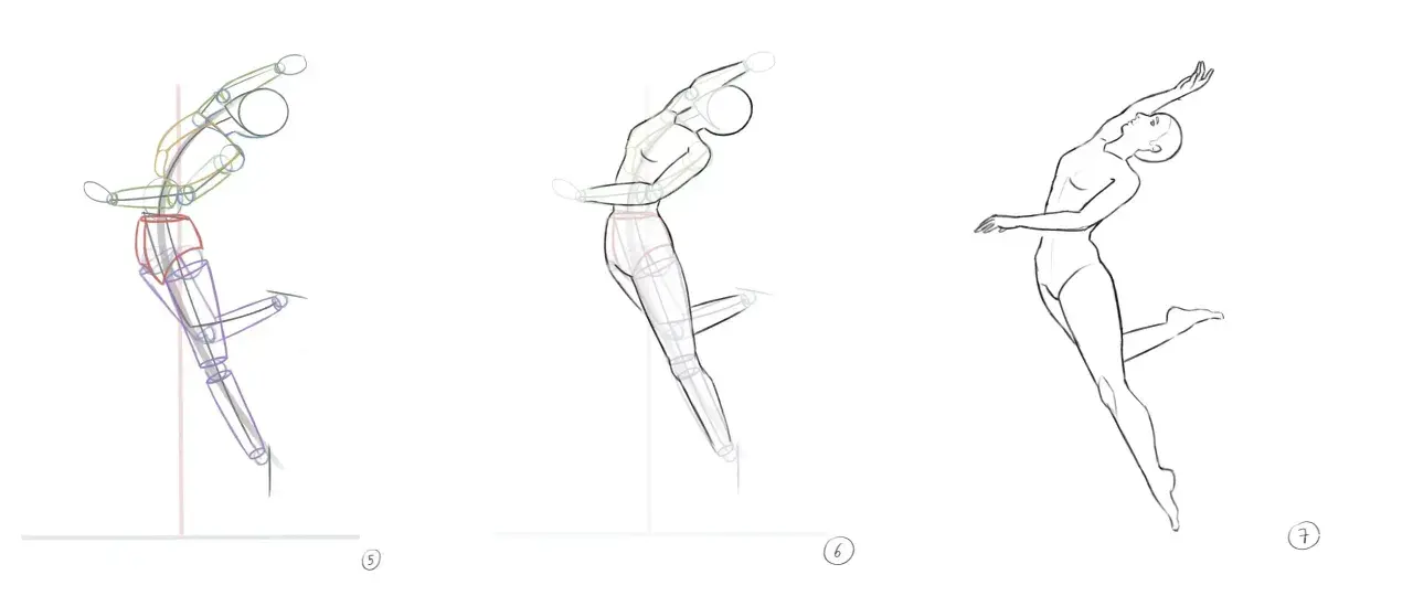 Étapes d'un dessin silhouette facile : une esquisse de mannequin articulé évolue vers une silhouette de danseur gracieuse en mouvement.