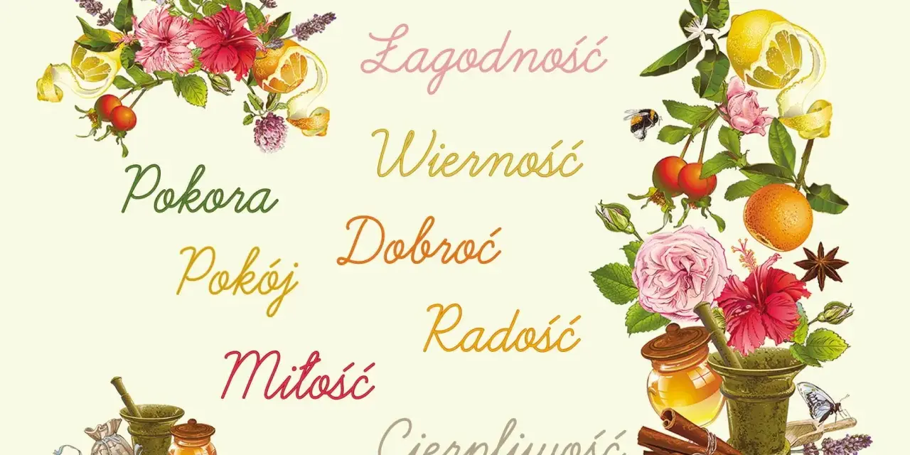 Kwiaty, owoce i zioła symbolizują owoce ducha świętego: łagodność, wierność, dobroć, pokorę, pokój, miłość, radość i cierpliwość.