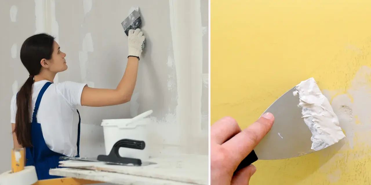 En person använder spackel och spackelspade för att jämna ut en vägg. Efter spackling kan sandpapper användas för en slät finish.