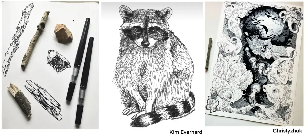 Trois dessins à l'encre : des brindilles et des pierres, un raton laveur détaillé, et une scène sous-marine fantaisiste avec des sirènes et des poissons.