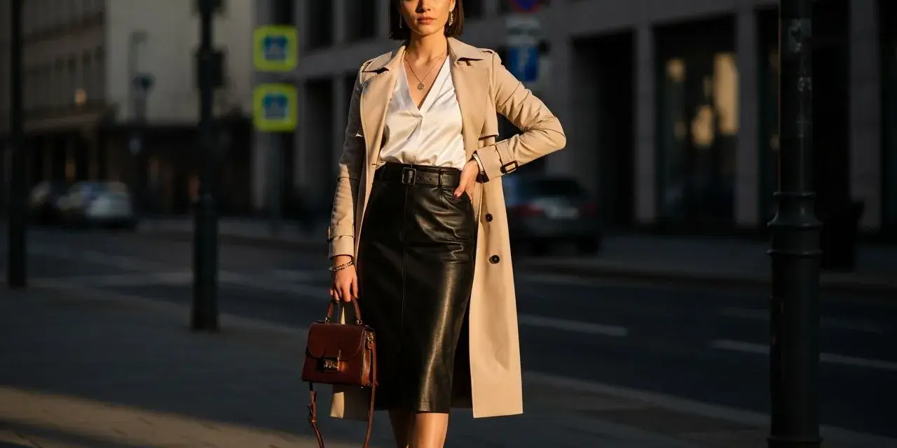 Elegancka kobieta w czarnej skórzanej spódnicy i beżowym prochowcu. Idealna stylizacja, by pokazać, co ubrać do skórzanej spódniczki.