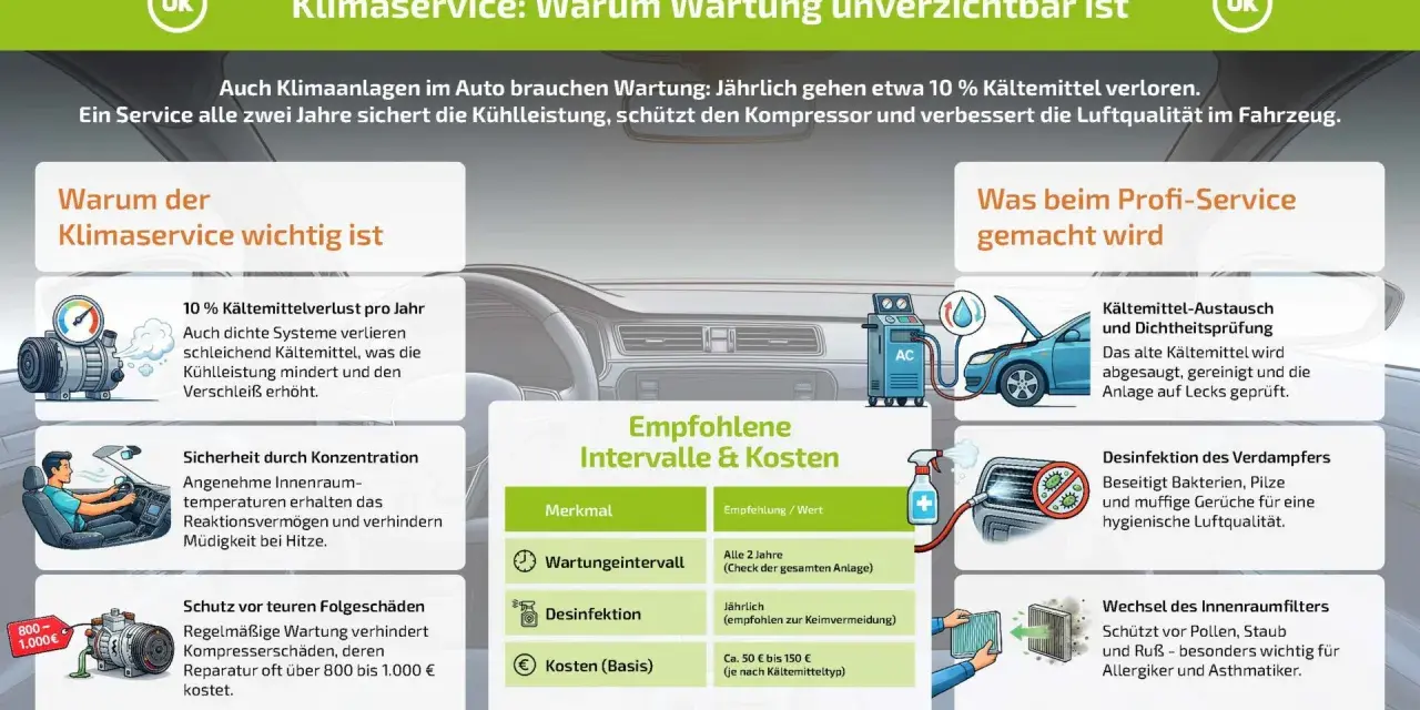 Infografik erklärt, was bedeutet AC im Auto: Klimaservice schützt vor Kältemittelverlust, sichert Konzentration & teure Reparaturen. Wartung alle 2 Jahre empfohlen.