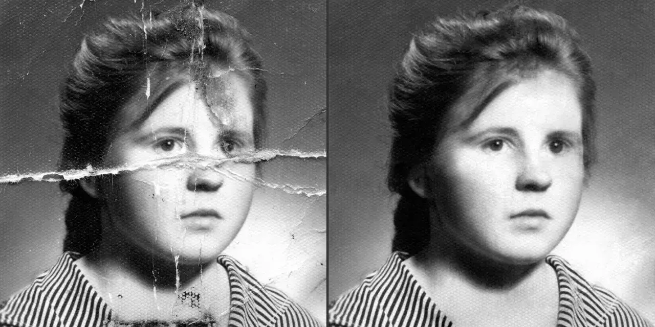 Ożywianie zdjęć: porównanie zniszczonego portretu dziewczyny z odrestaurowanym. Widać wyraźną różnicę w jakości obrazu.