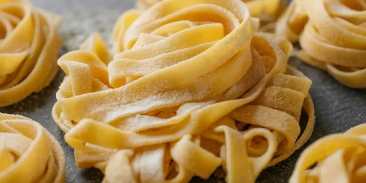 Nidi di tagliatelle fatte in casa, spolverate di farina, pronte per essere cucinate.