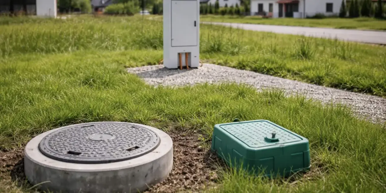 Na trawiastym podwórku widać betonowy właz i zieloną skrzynkę, a w tle białą szafę techniczną. To elementy infrastruktury, które tworzą **strefy ochronne** wokół domów.