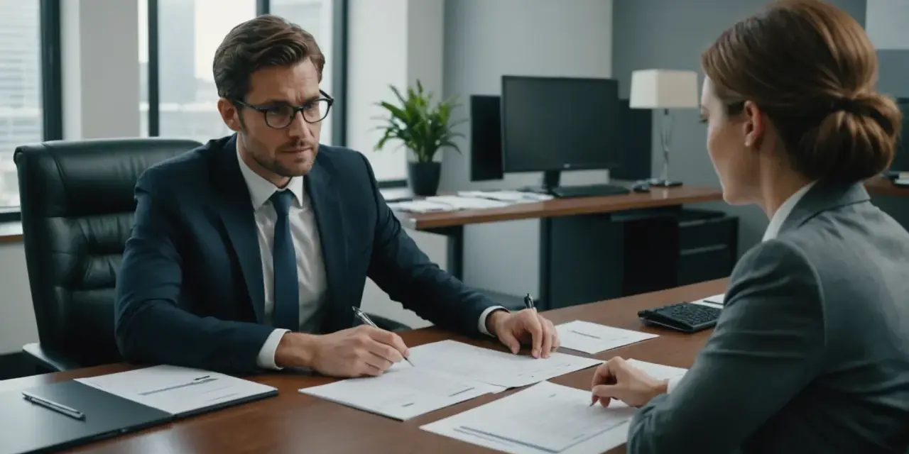 Un homme en costume signe un document, possiblement une modification du contrat de travail, face à une femme dans un bureau moderne.
