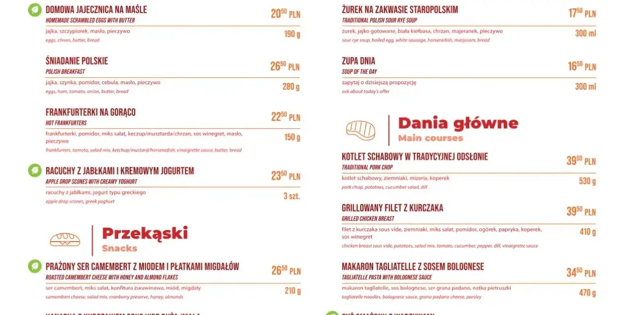Menu z daniami głównymi, zupami i śniadaniami. Ceny w PLN, np. kotlet schabowy 39,50 PLN.