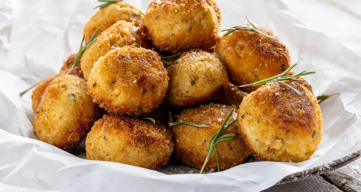 Un mucchio invitante di polpette in bianco, dorate e croccanti, guarnite con rosmarino fresco e sale grosso.