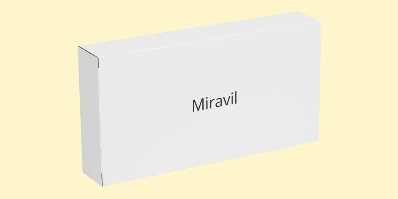Białe pudełko z napisem "Miravil" na jasnym, żółtym tle.