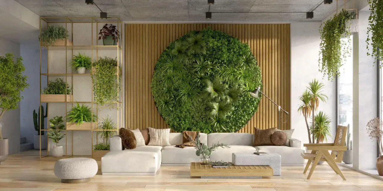 Un salon moderne avec un mur végétal circulaire, une étagère remplie de plantes et des suspensions. Une excellente idée déco plante interieur pour un espace zen.