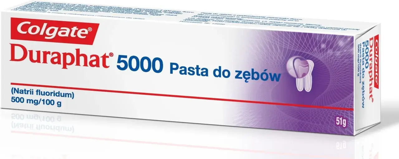Colgate Duraphat 5000, pasta do zębów z 500 mg fluorku sodu na 100 g. Sprawdź, która pasta ma najwięcej fluoru dla ochrony Twoich zębów.