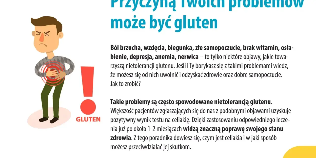 Ilustracja przedstawia mężczyznę z bólem brzucha, symbolizującym objawy nietolerancji glutenu.
