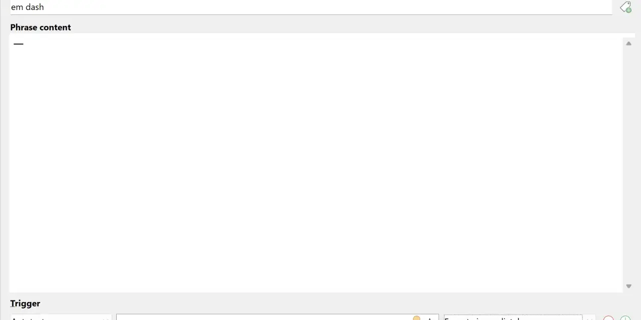Autotext-Einstellung: "em dash" wird durch einen Gedankenstrich ersetzt, wenn "--" auf der Tastatur eingegeben wird.