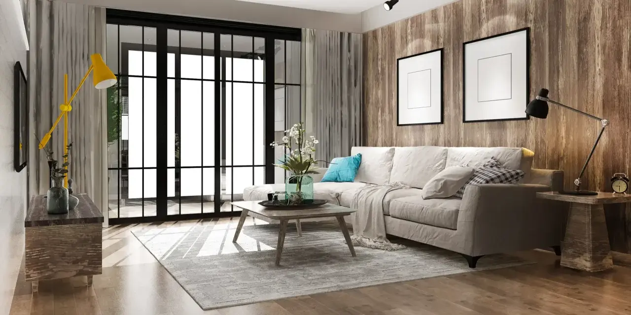 Soggiorno accogliente con divano beige, tavolino in legno e lampada gialla. Un esempio di come arredare casa con poco, creando stile e comfort.