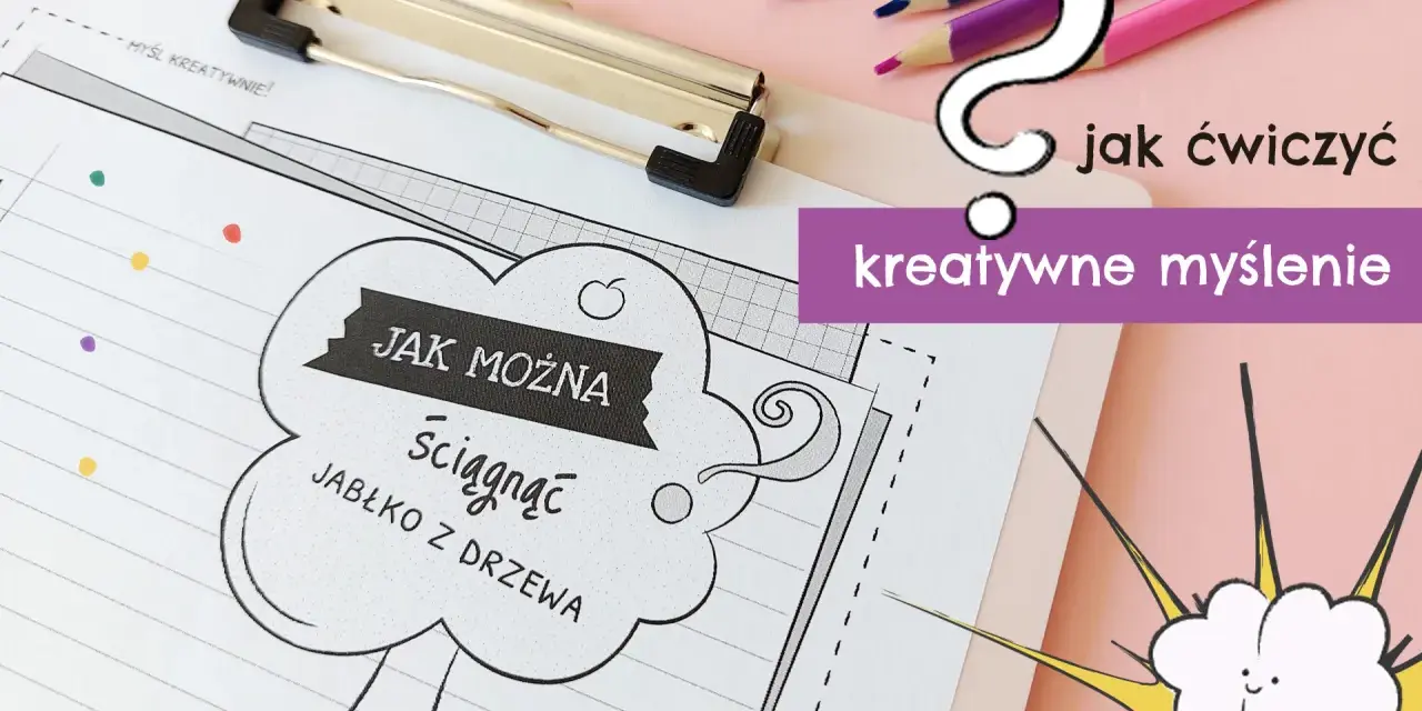 Ćwiczenia na kreatywne myślenie dla dzieci: "Jak można ściągnąć jabłko z drzewa?". Kolorowe kredki i chmurka z buźką zachęcają do zabawy.