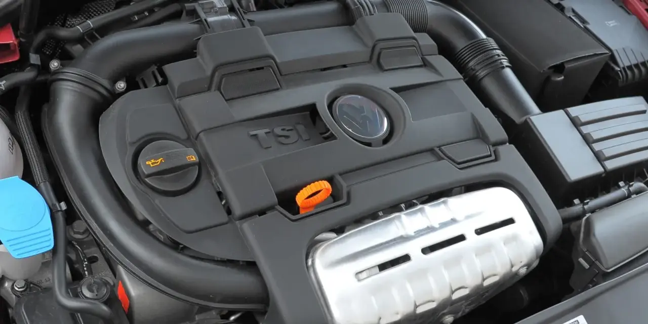 Silnik 1.4 TSI z widocznym logo VW. Widoczne elementy to m.in. pokrywa silnika, przewody, zbiornik płynu i filtr oleju.