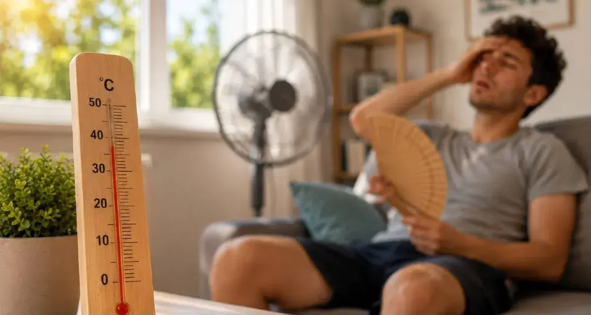 Termometro segna alta temperatura. Uomo accaldato cerca sollievo con ventaglio e ventilatore, mostrando come rinfrescare casa.