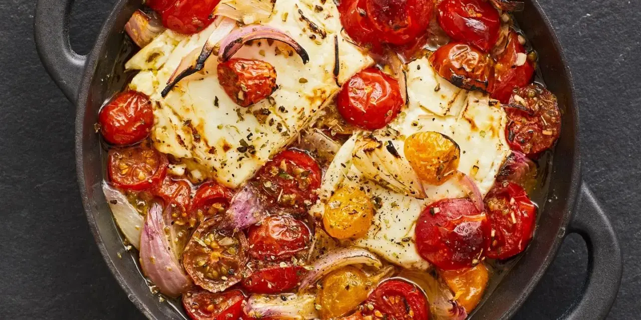 Heißer, gebackener Feta mit Kirschtomaten und roten Zwiebeln in einer Pfanne, mit Kräutern bestreut.