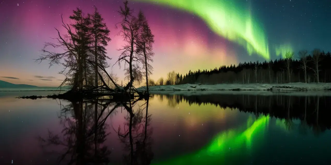 Une aurore boréale spectaculaire illumine le ciel de verts et de roses au-dessus d'un lac calme reflétant le paysage et les arbres dénudés.