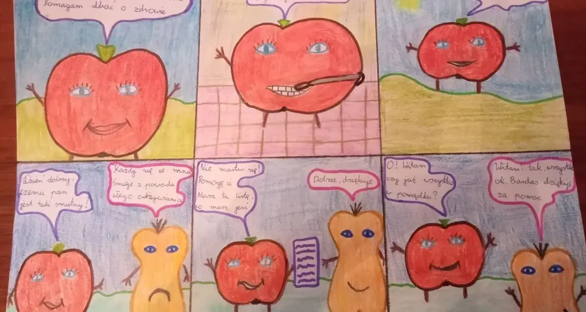 Krótki komiks do szkoły: Pan Jabłko, Pan Zdrówko, pomaga smutnej gruszce.