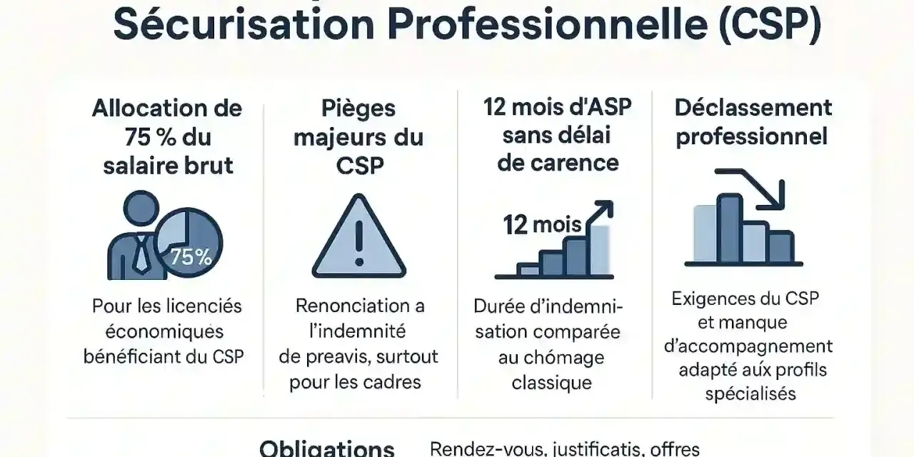 Infographie sur le CSP : allocation 75%, pièges majeurs (renonciation indemnité), 12 mois d'ASP sans carence, déclassement professionnel, obligations.