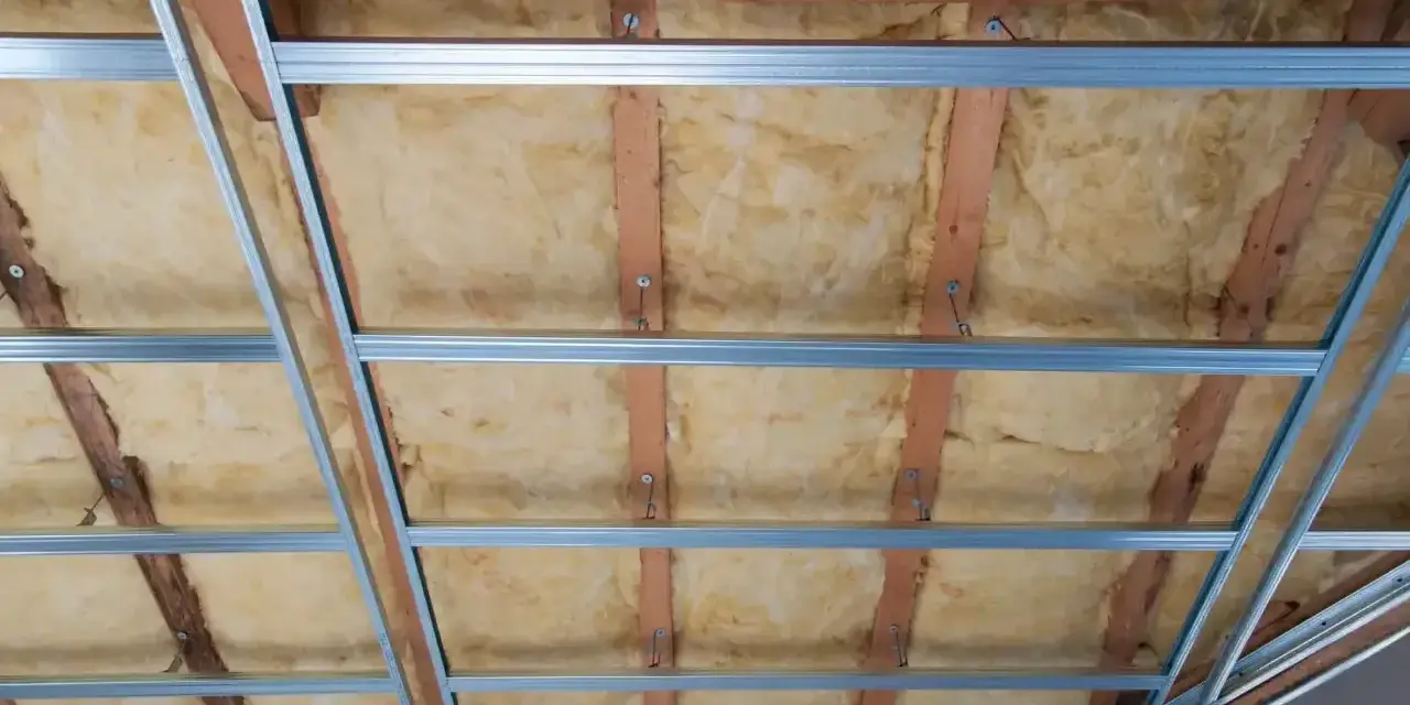 Ocieplenie stropu drewnianego z wełną mineralną i profilem metalowym. Prace budowlane w toku.