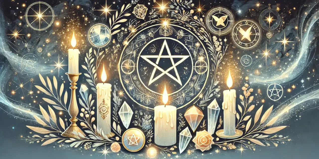 Płonące świece, kryształy i pentagram na tle magicznych symboli i gwiazd.