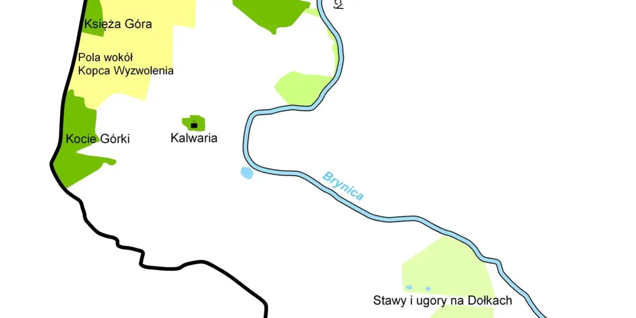Mapa pokazuje okolice, gdzie leżą Tarnowskie Góry: Księżą Górę, Kalwarię, Kocie Górki i rzekę Brynicę.