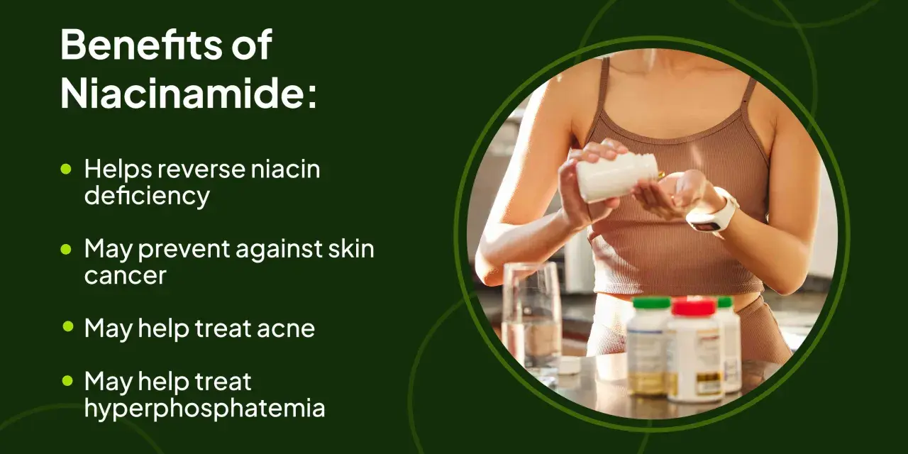 Fördelar med niacinamid: hjälper mot niacinbrist, kan skydda mot hudcancer, kan behandla akne. B vitamin niacin är viktigt.