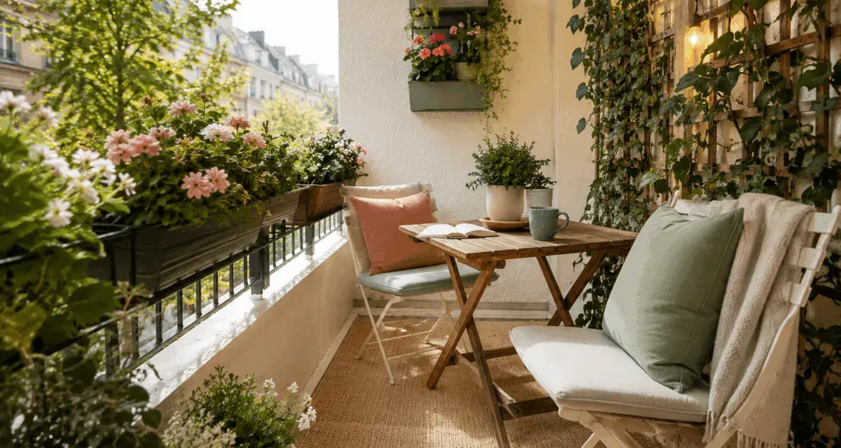 Un angolo relax con fiori colorati, un tavolino e sedie, perfetto per ispirare idee balconi arredati con stile e natura.