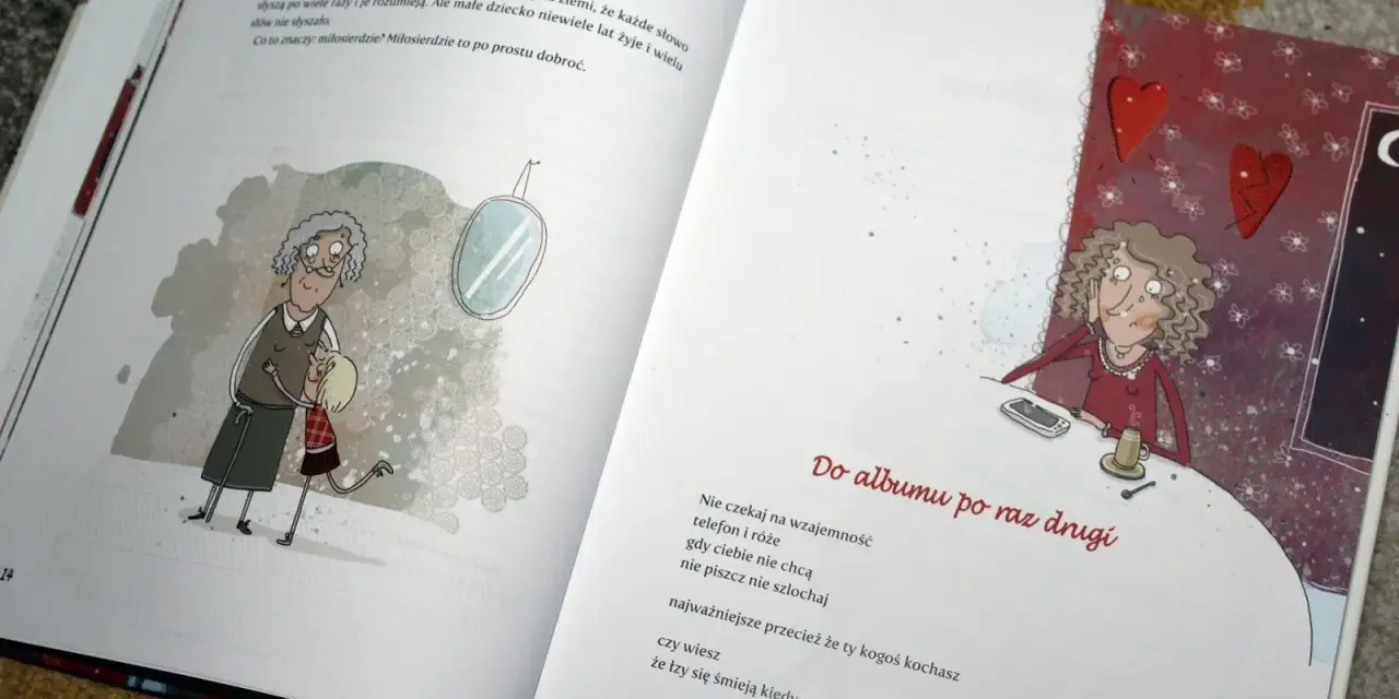 Ilustracje do wierszy Jana Twardowskiego dla dzieci. Babcia przytula wnuczkę, a na drugiej stronie kobieta siedzi przy stole.