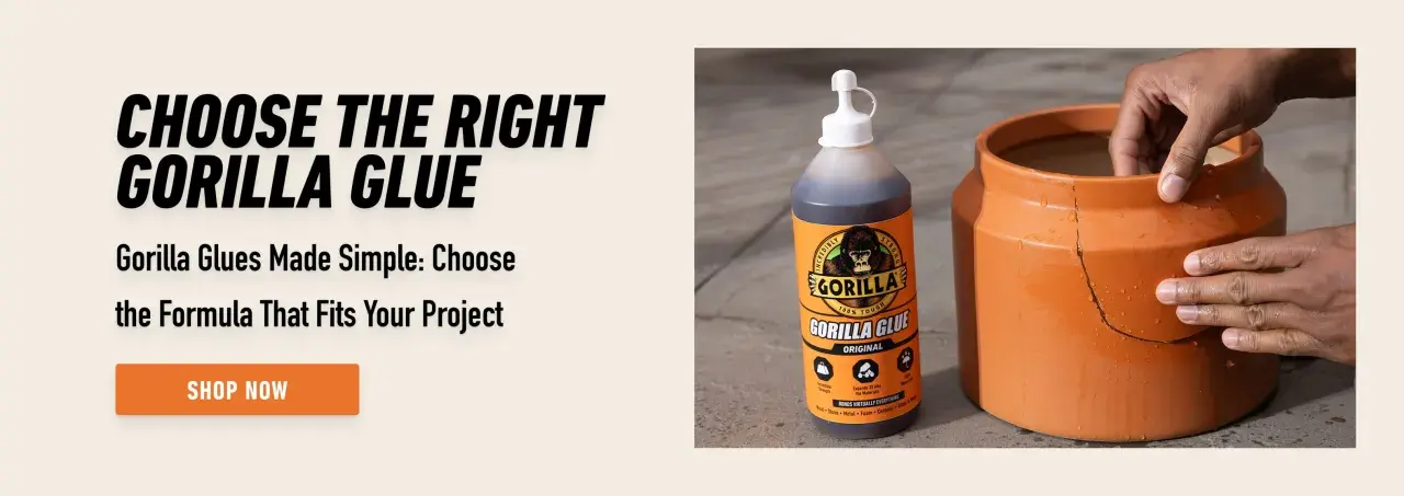 A bottle of Gorilla Glue Original sits next to a cracked terracotta pot being held by hands, illustrating common uses for repairing household items.