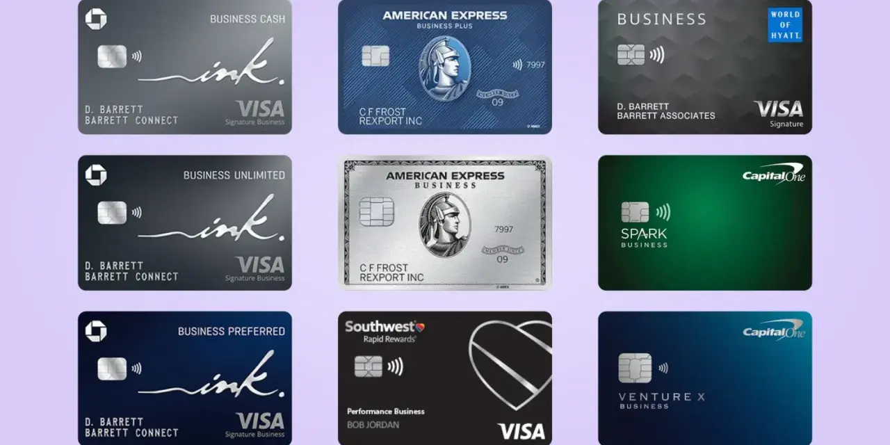 A collage of business credit cards, showcasing options for how u.s. startups get credit cards, including Chase Ink, Amex, Capital One Spark, and Southwest cards.