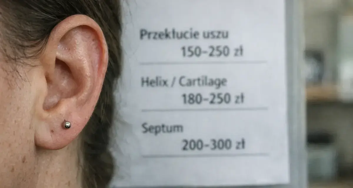 Cennik przekłuć: ucho 150-250 zł, helix 180-250 zł, septum 200-300 zł.