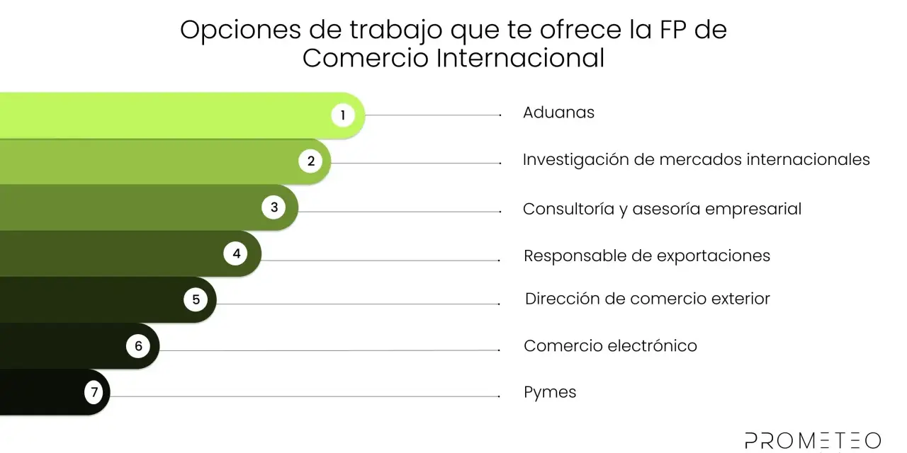 Opciones de trabajo en comercio internacional en España: aduanas, investigación de mercados, consultoría, exportaciones, comercio exterior, e-commerce y pymes.
