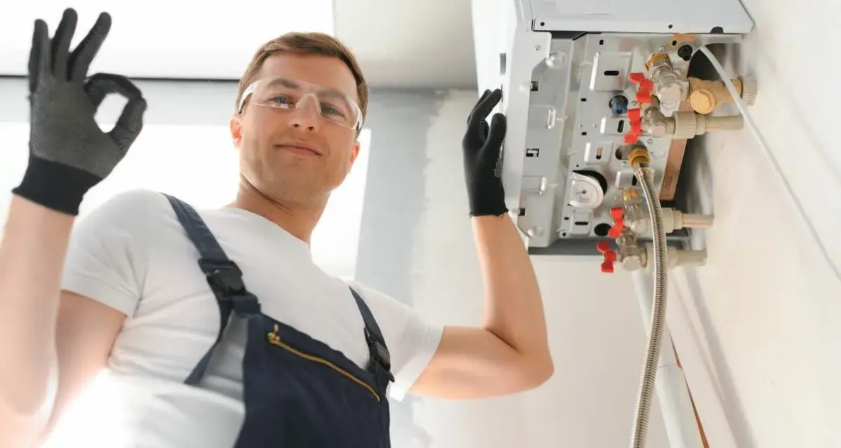 Installazione caldaia a condensazione risparmio energetico. L'installatore fa il segno OK.